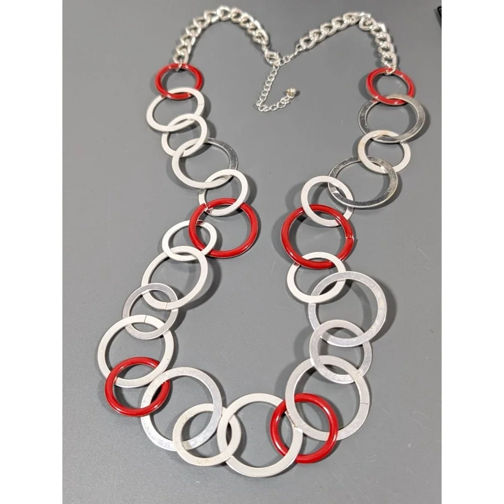 Modernist Silver Tone Red Round Chain Link Long‎ Necklace Statement 32